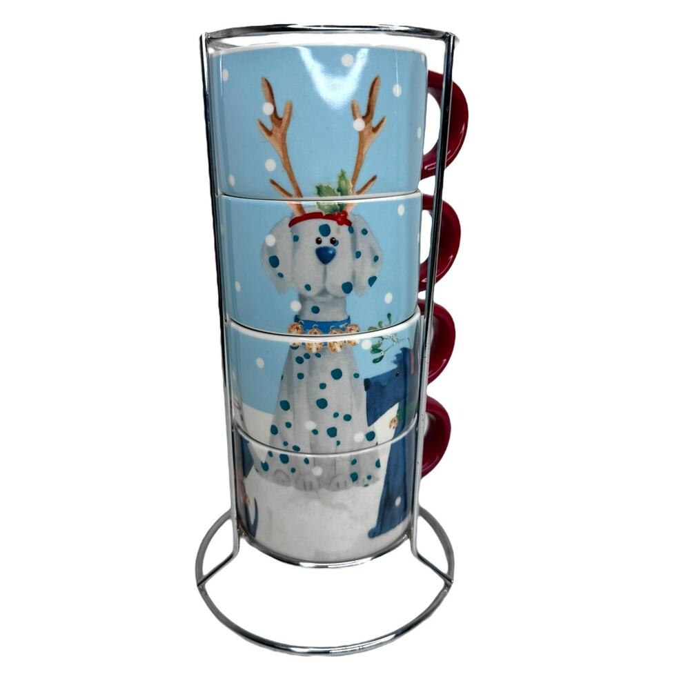 Pier 1 Imports Christmas Dog Stacking Mugs Set of 4 Stoneware Mugs With Caddy